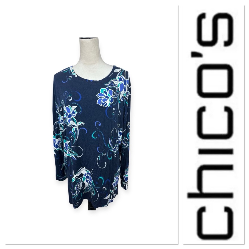 Chico’s blue Touch of Cool long sleeve top with floral pattern size 3-XXL/20